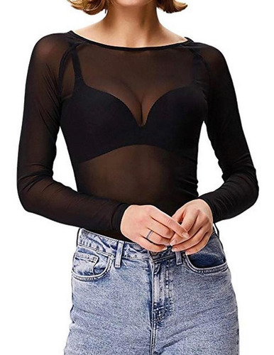 Top Polera Malla Transparente Negro Elegante Moda Mujer