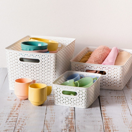 Caja Organizadora Plástica C/ Tapa Apilable Canasto Beige L