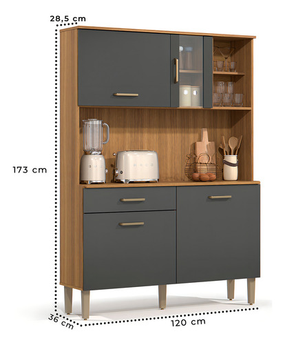 Kit Armário De Cozinha Viena Completa Compacto Com Balcão Multiuso Gaveta E Porta Cor Mel Grafite