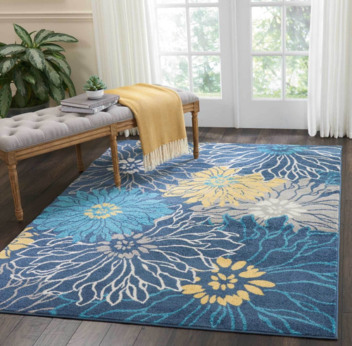 Alfombra Azul 5 Pie 3  X 7 Floral Campestre Facil Limpiar No