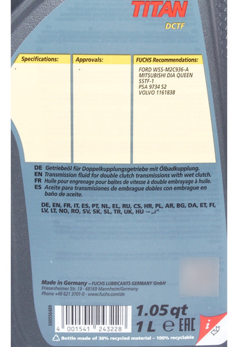 Aceite Atf Fuchs Titan Dctf (doble Embrague) - Bidon 1lt.