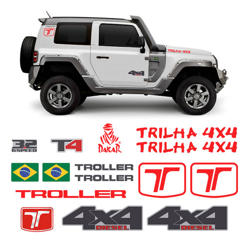 Adesivos Troller T4 15/19 4x4 Emblemas Vermelho - Genérico