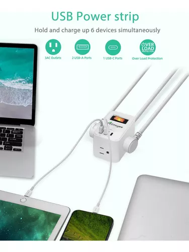 Alitayee Regleta de alimentación de viaje portátil USB C con 3 tomas, 3  puertos USB, carga rápida, cable de extensión USB con enchufe plano y cable  de