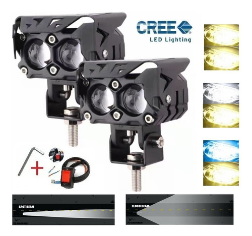 2 Faros Led Cree Niebla Aux Laser Dual Uni Bicolor Lupa Moto