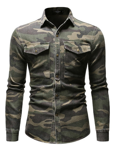 Camisa Vaquera Camuflaje Verde Militar De Manga Larga