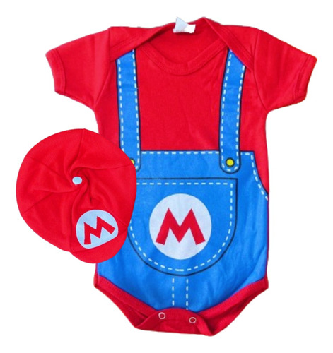  Roupa Mario Bros Bebê Body Mesversário Menino  E Boina Tema