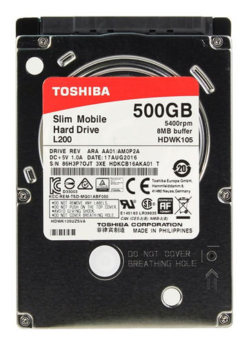 Disco Duro Toshiba L200, 500gb Sata 6.0gb/s, 5400 Rpm, 2.5
