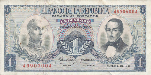 Colombia 1 Peso Oro  2 De Enero 1961