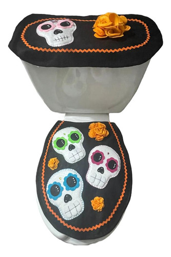 Juego De Fundas De Baño Calaveras Día De Muertos De Fieltro