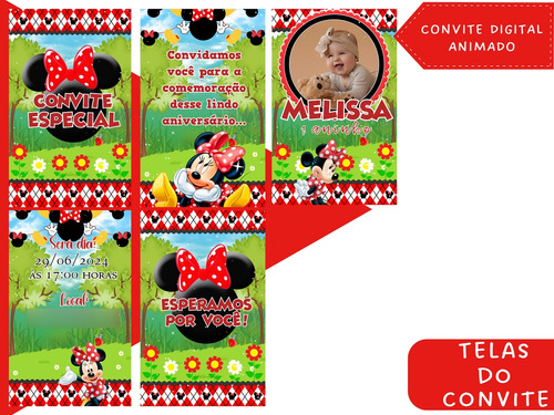 Convite Digital Animado Minnie - Vermelha Vermelho