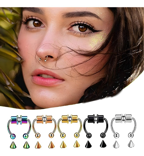 Imagen 2 de 10 de Piercing Falso Para Nariz Imantado Unisex 5 Colores 2pcs