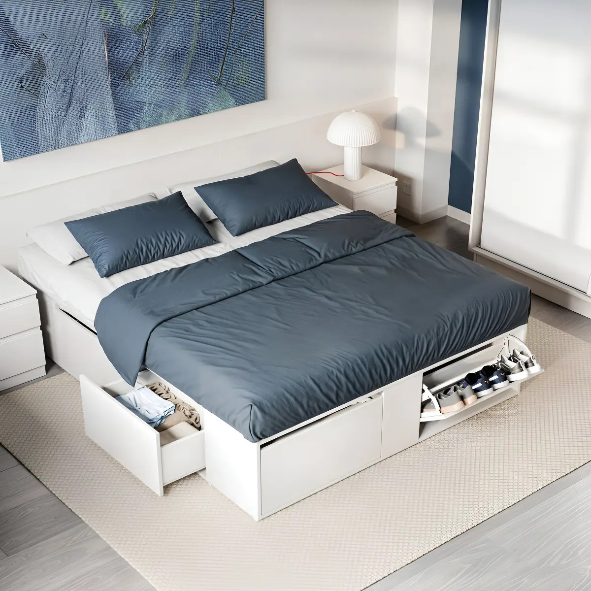 Extendable Queen XL Box Bed with Drawers, Shoe Racks and Box