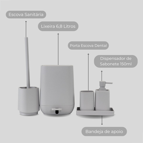 Conjunto Kit Para Banheiro Lavabo C/5pçs Square Lixeira 3l