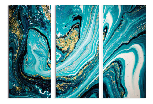 Set De 3 Cuadros Canvas Marmol Azul Metalico Abstra 90x130cm