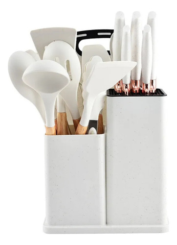 Set 19 Utensilios Cocina Mango Madera Punta Silicona Blanco