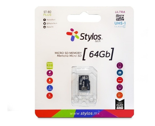 Memoria Micro Sd 64gb Clase 10 Uhs-i Plus St80 80mb/s Stylos