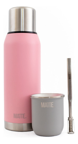 Set Termo Matte Pink 1l + Mate Steel + Bombilla 