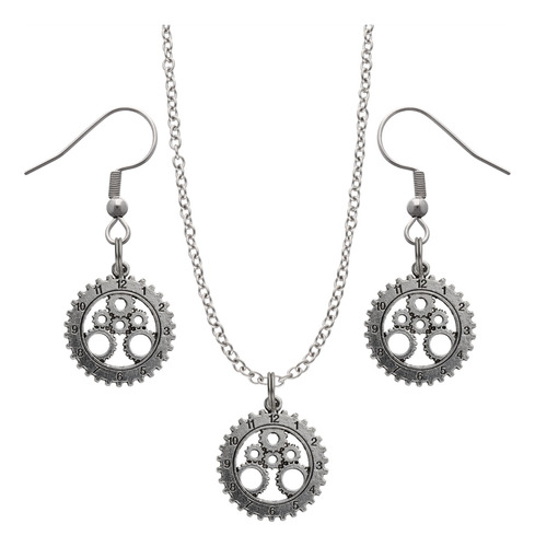 Kit Collar Y Aretes Herramientas Regalo Dije Cadena Acero Plateado Engranaje Reloj