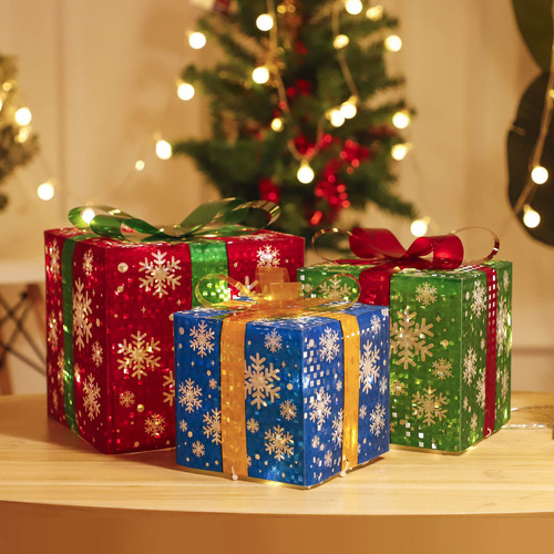 Caja Decorativa Navideña Luminosa De Hierro P, 3 Unidades, S