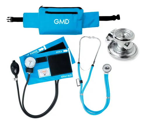 KIT GMD TENSIOMETRO CON CANGURO AZUL CIELO IMPORMEDICAL  x 1 Kit GMD compuesto por tensiómetro aneroide manual, fonendoscopio tipo Rappaport y canguro color azul cielo para transporte. Diseñado para la medición precisa de la presión arterial y la auscultación g