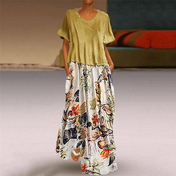 Mujer Vintage Impresión Patchwork O-cuello Dos Piezas Más Ta Mujer Vintage Impresión Patchwork O-cuello Dos Piezas Más Ta
