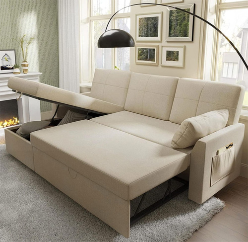Sofa Cama Convertible 2 En 1 Tela Color Beige Marca Merluxy