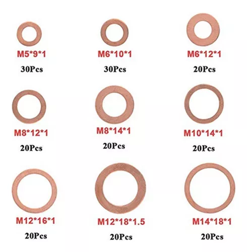 Rustark 165 arandelas de cobre surtidas de 8 tamaños M6 M8 M10 M12 M14 M16  M18 M20 arandelas de sellado métricas de anillo plano con caja de