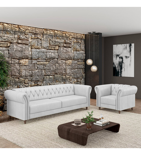 Conjunto Sofá 180cm E 2 Poltronas Chesterfield Couro Branco