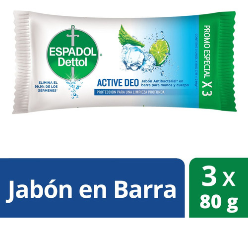 Jabón En Barra Espadol Active Deo 90 g Pack X 3