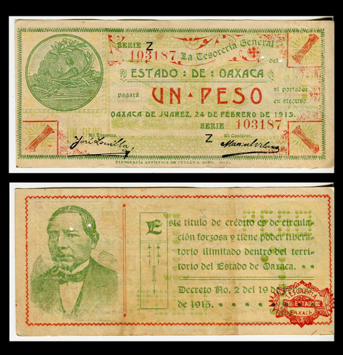 Billete 1 Peso Estado De Oaxaca Juárez «vf» (very Fine) (Usado)