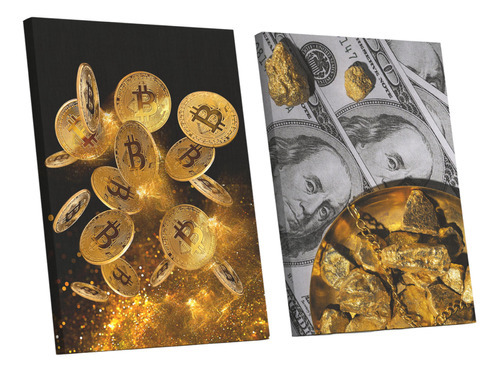 Quadro Tela Bitcoin Dólar Dinheiro Ouro Capitalismo 60x90cm
