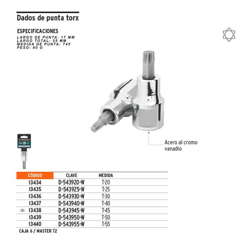 Imagen 2 de 6 de Punta Torx Manual 1/2 Pulgada Encastre T-45 Bocallave