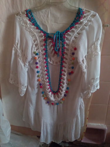 Camisola Bambula Blanca Con Deco Crochet - Artesania Total-