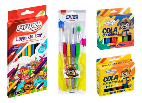 Kit Set Combo Arte Para Niños Lápices Adhesivos Pinceles Brw