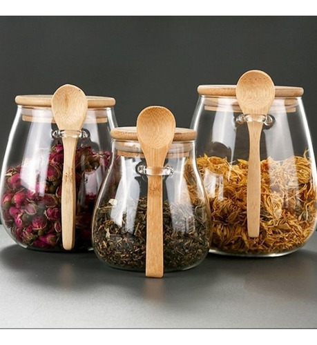 6 Recipientes De Vidrio Con Cuchara, Bote De 600ml