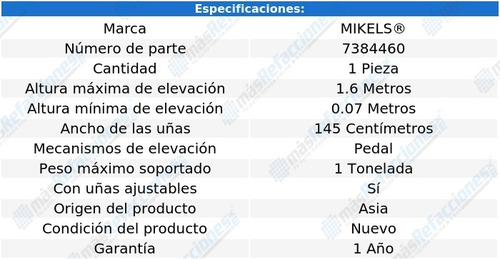 Montacargas Hidráulico Extra Ancho 1 Tonelada Mikel´s