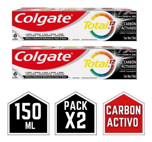 Pasta Dental Colgate Total 12 Carbon Activo 150 Ml Pack X2