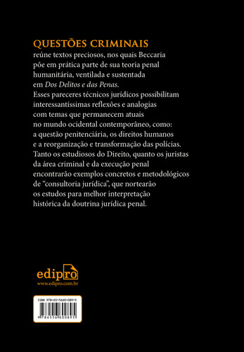Questões Criminais, de (o Marquês de Beccaria), Cesare Bonesana. Editorial Edipro, capa mole em português, 2022