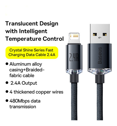 Cable Usb A A Lightning Baseus 2 Mts Carga Rapida 2.4 A