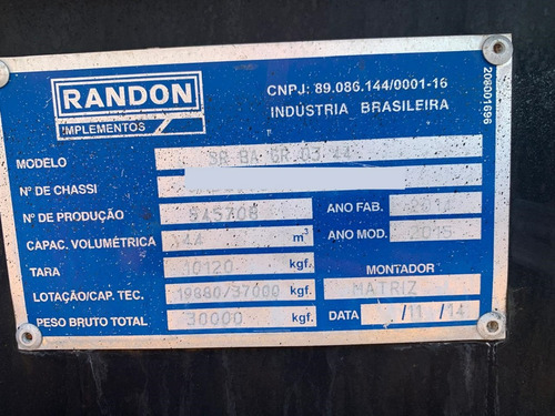 Carreta Basculante Vanderleia Randon 44m³ S/ Pneus 2014/15
