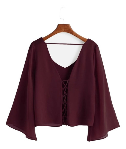 Blusa Burdeo Mangas Flowy Lazo Delantero Espalda Baja Shein