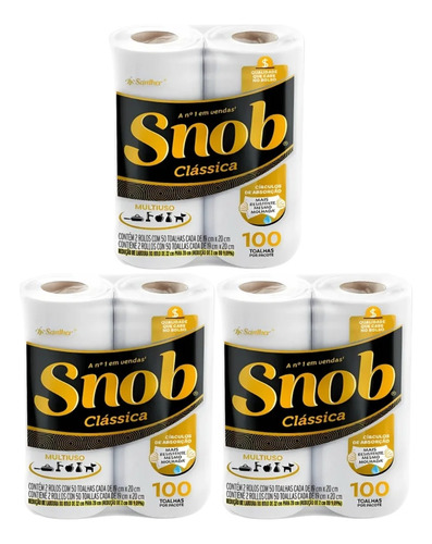 3 Unid. Papel Toalha Snob Folha Dupla Clássica Pct. 2x50=100