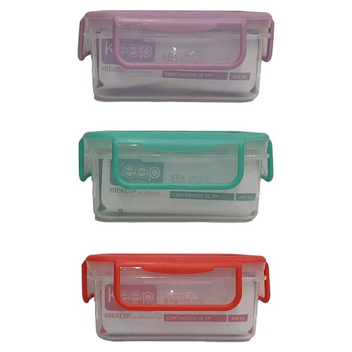 Hermetico Rectangular Pp Libre Bpa Colores 400ml Keep