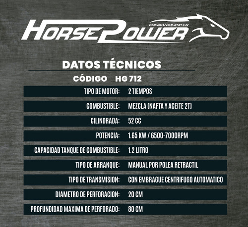 Hoyadora A Gasolina Horsepower 52cc 2,2 Hp - Motor 2 Tiempos Agarre De 1 Hombre - Con Embrague Centrifugo