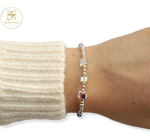 Imagen 5 de 8 de Pulsera Plata Con Cristal Swa Aurora Boreal Y Bolitas