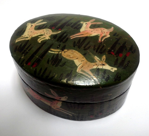 Caja Hindú Ovalada Verde Oscuro Pintura Zorro Ciervos