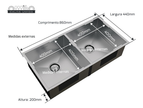 Cuba Dupla Inox Quadrada Gourmet Com Válvula 800 X 400