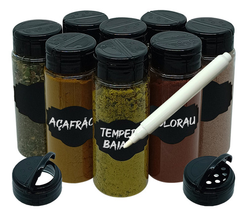 Pote Tempero Kit 8 Potes + 8 Etiquetas Adesivas Tampa Dupla