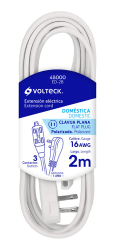 Extensión Eléctrica Domés 2m Clavija Plana Volteck 48000