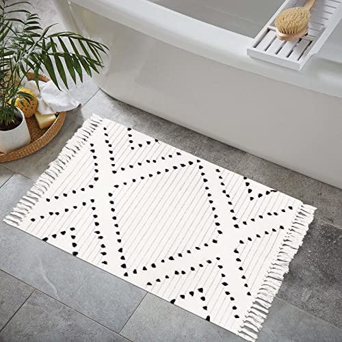 Boho Bathroom Rug 2 X 3ft, Moroccan Woven Small Area Ru...